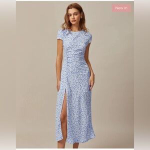 The Blue Round Neck Floral Slit Midi Dress